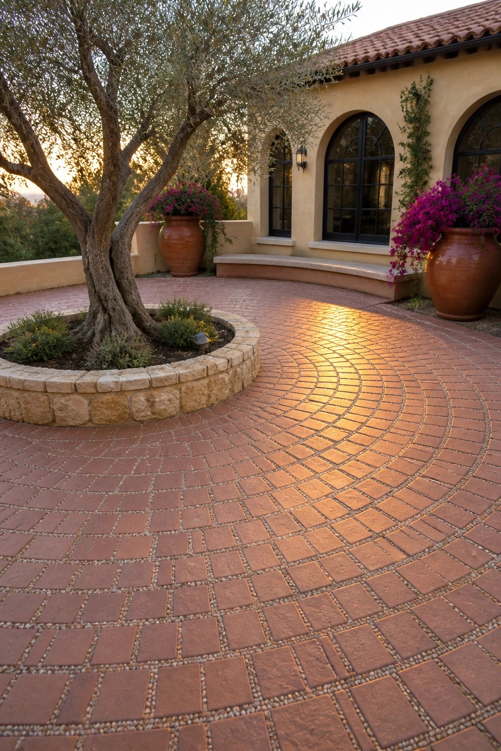 A curved driveway paved with reddish-brown interlocking tiles, featuring a central tree in a stone ring and large terracotta pots beside a stucco house.