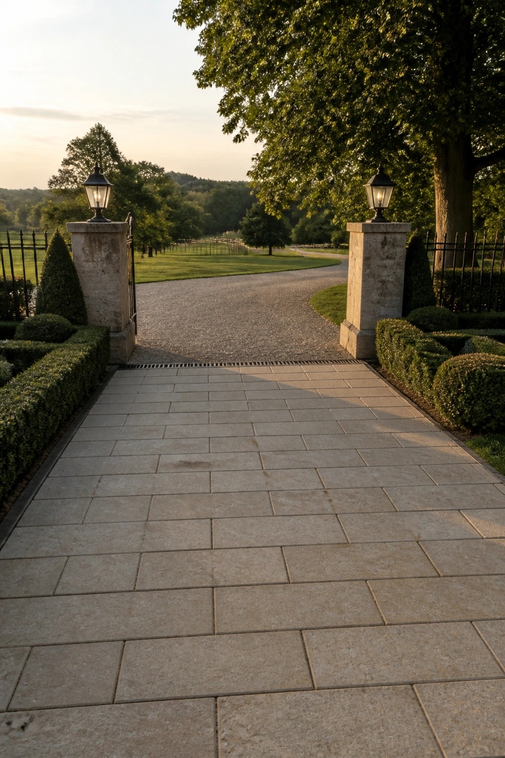 A wide stone paver walkway leads toward a gravel driveway, bordered by stone pillars with lanterns and trimmed hedges.
