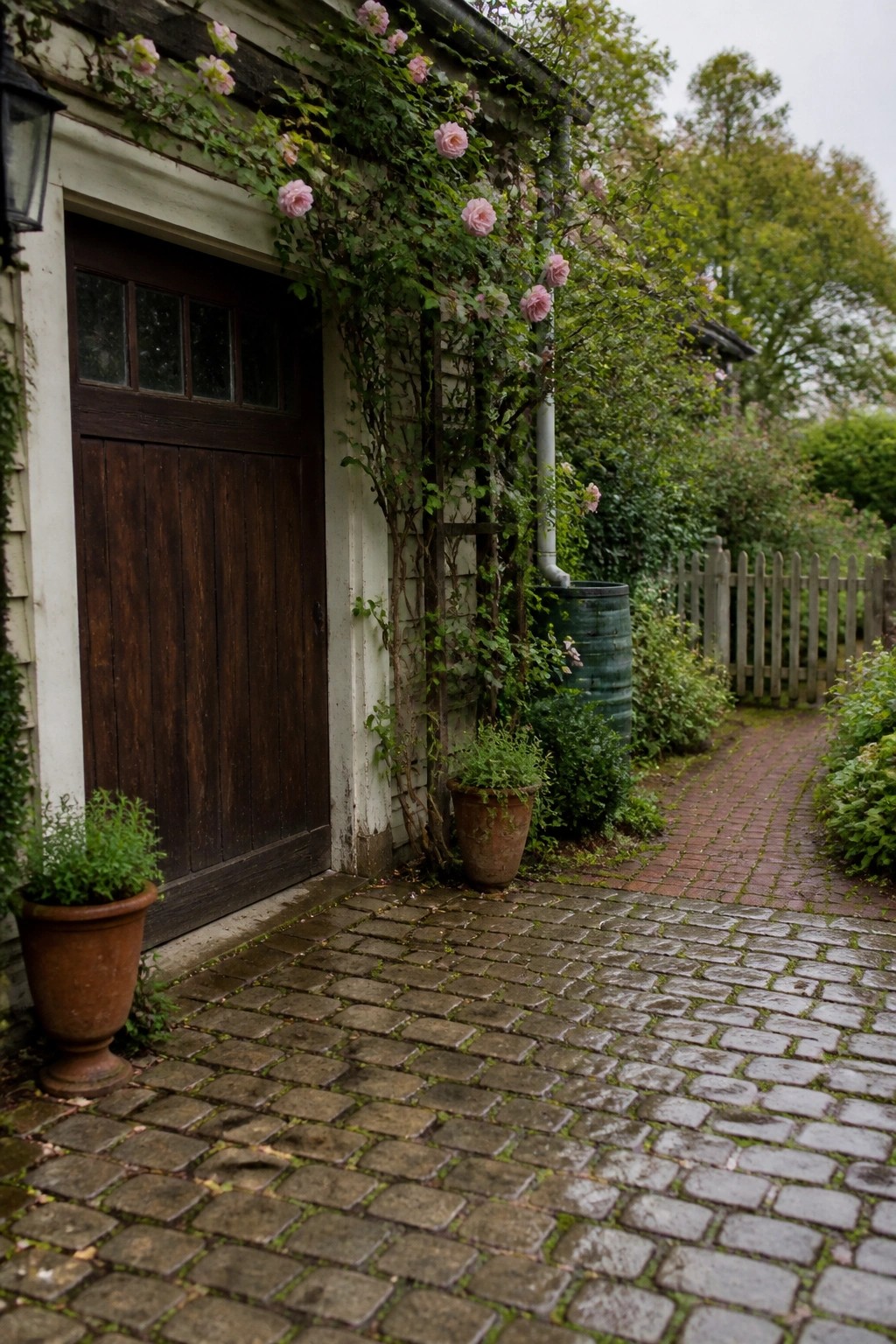 A wet cobblestone path leads past a wooden door with climbing pink roses and terracotta pots along a house exterior.