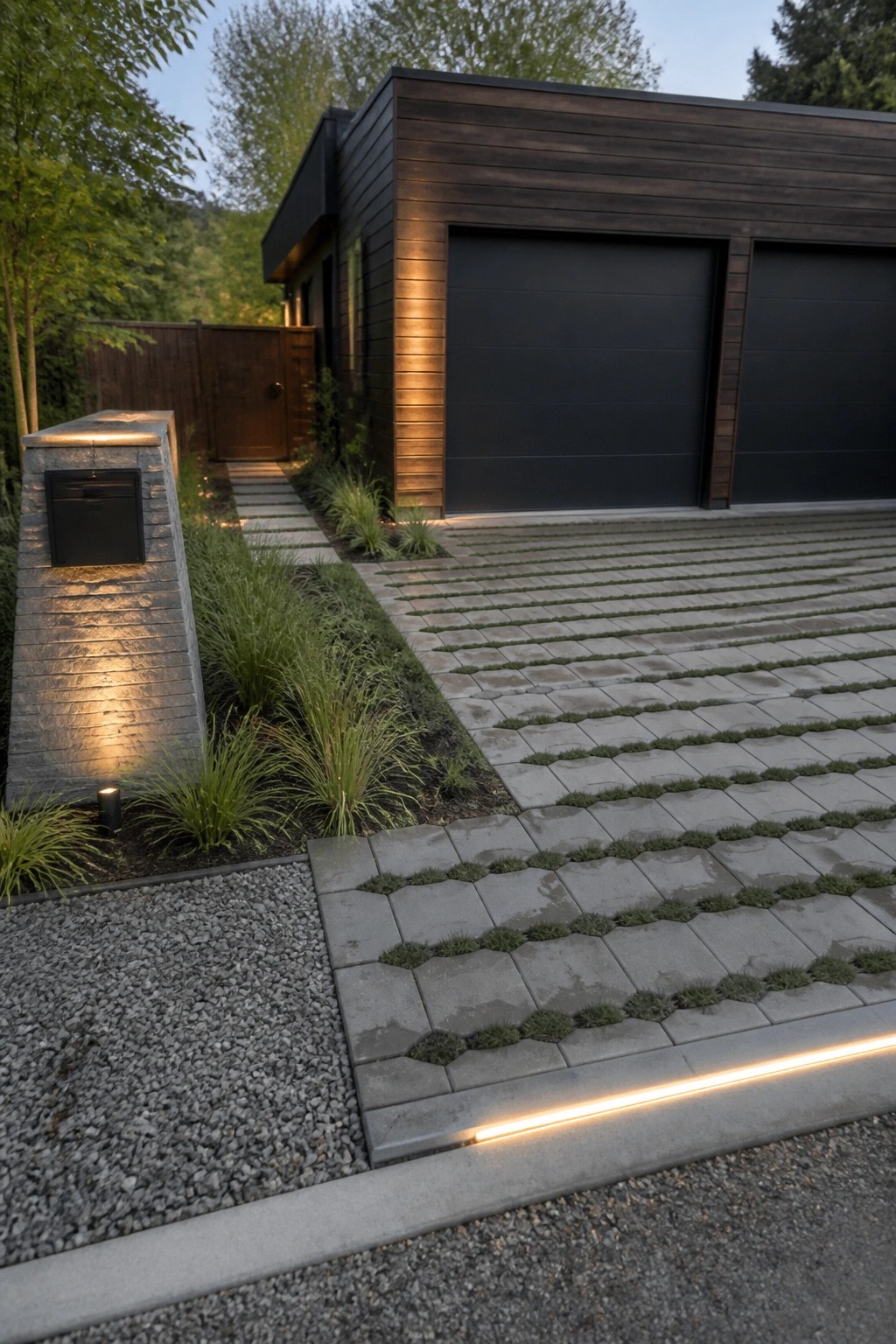 Modern house exterior showing a wide driveway paved with gray rectangular interlocking tiles that have narrow strips of grass growing between the rows, with a lit stone mailbox structure on the left side.