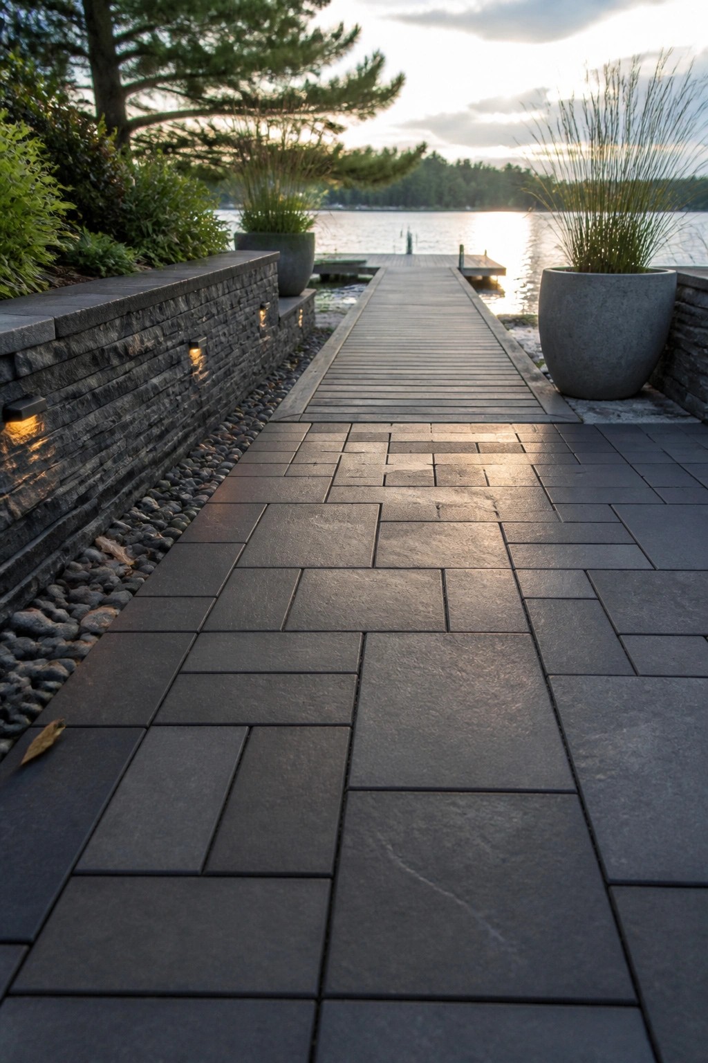 A straight pathway of dark gray interlocking tiles leads to a wooden dock on a lake, with stacked stone walls and large potted plants on either side.