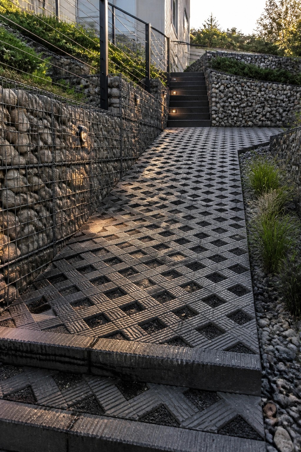 A sloped concrete walkway with dark interlocking grid tiles runs between gabion stone walls and leads up to a set of stairs.