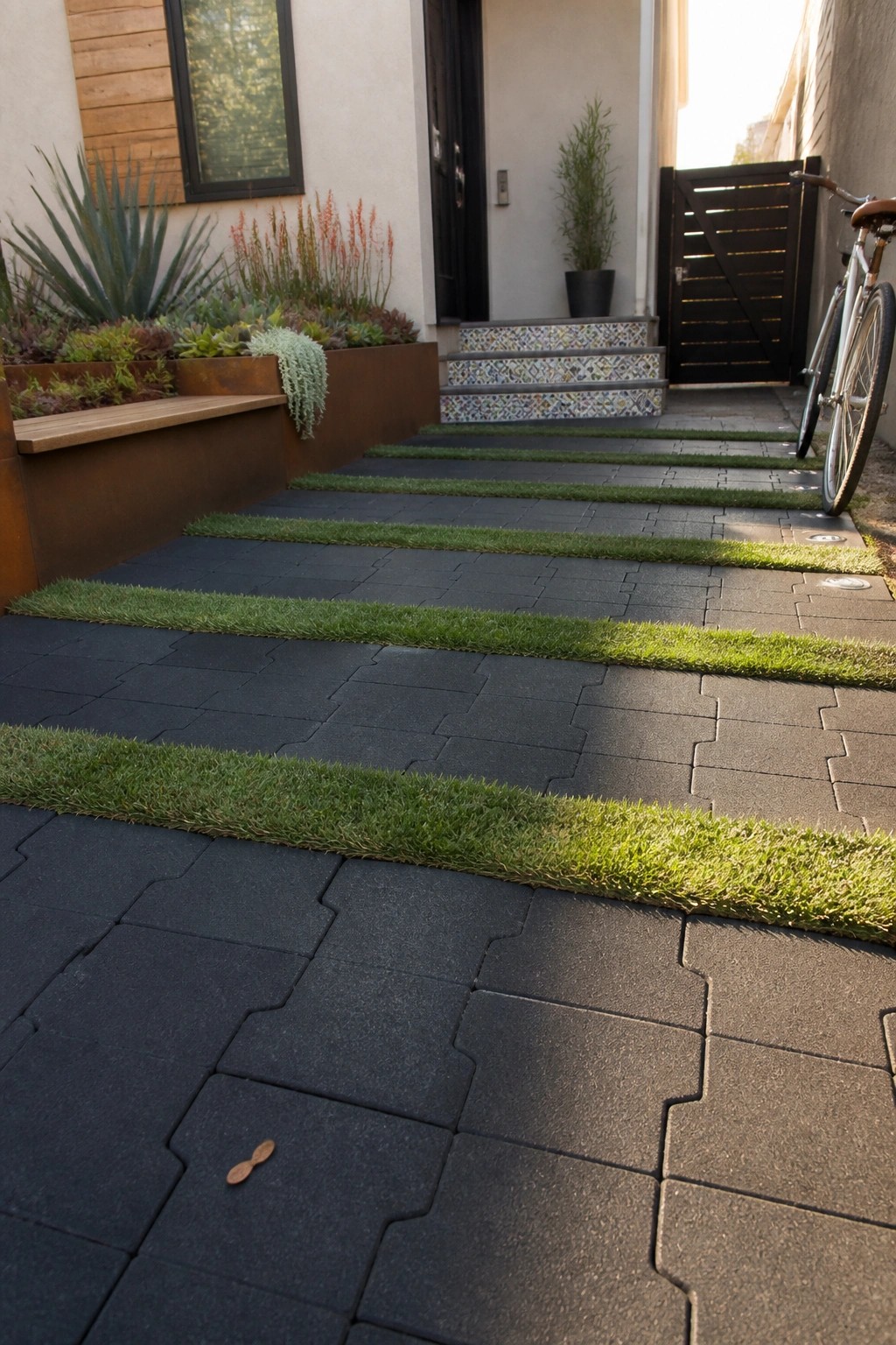 A walkway of dark interlocking tiles with narrow grass strips between them leads toward a house entrance with patterned steps.