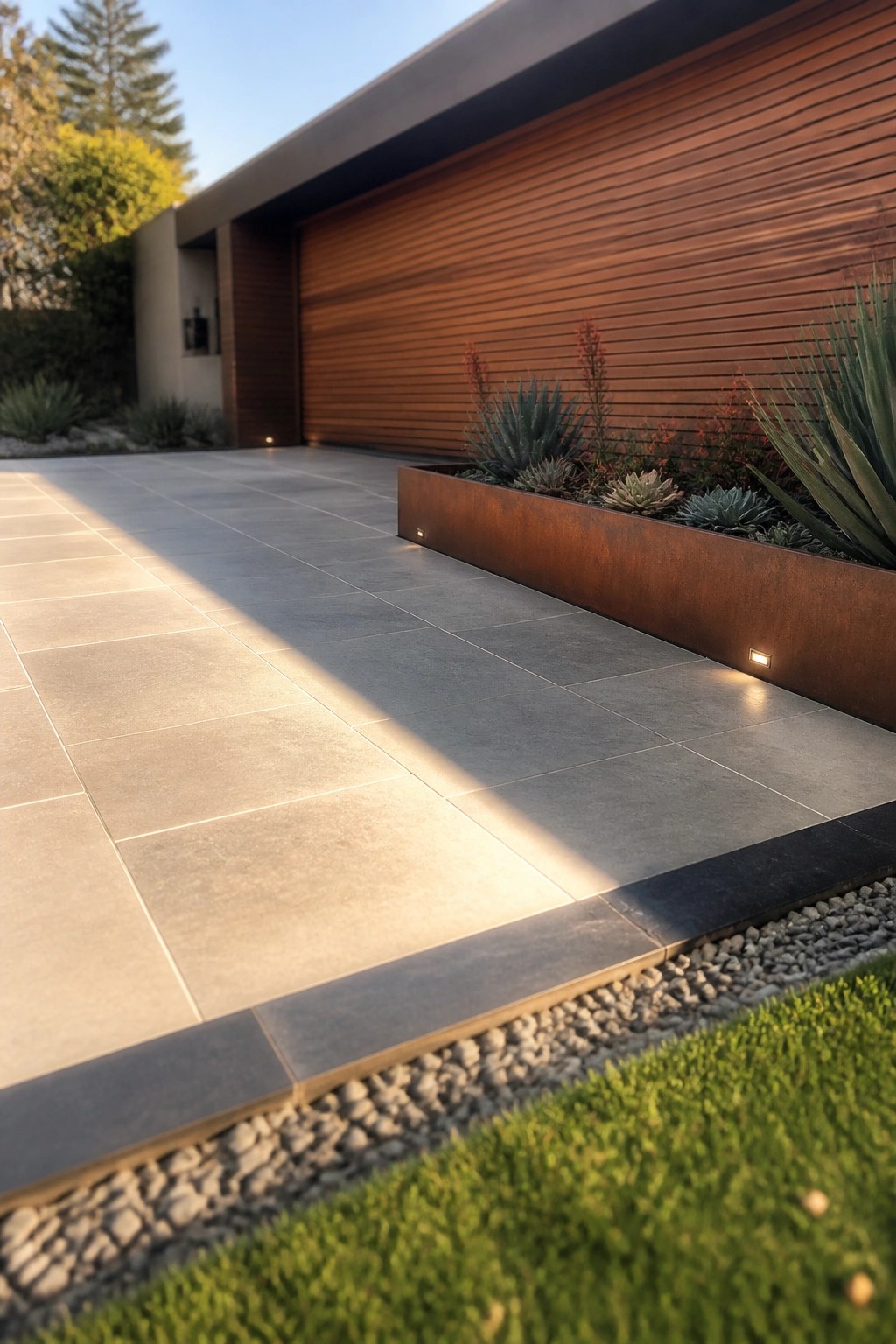 A modern house with a large gray tiled driveway, a raised metal planter filled with succulents, and a wooden garage door.