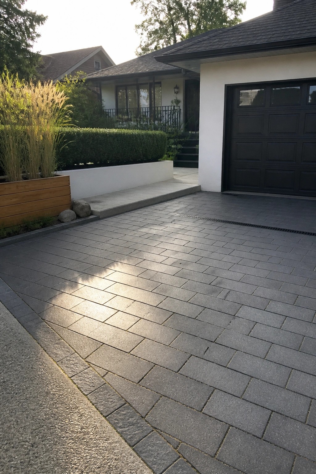 A gray interlocking paver driveway leading to a black garage door on a modern house with landscaping on the left.