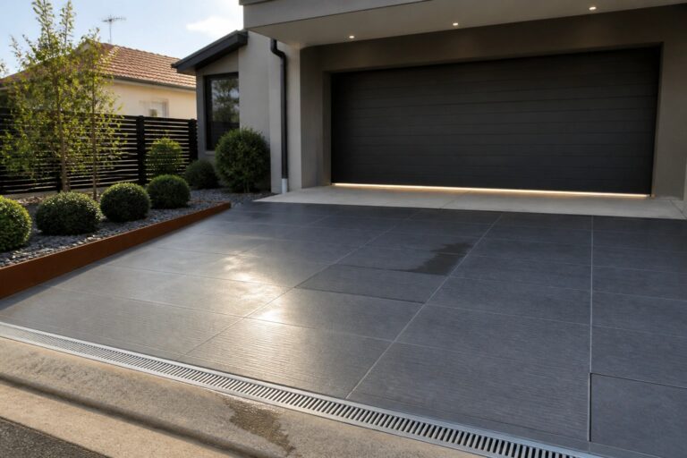 24 Heavy Duty Parking Tiles Ideas Perfect for Cars and SUVs A modern house exterior with a dark garage door and a large gray tiled driveway that includes a linear metal drain grate along the edge.