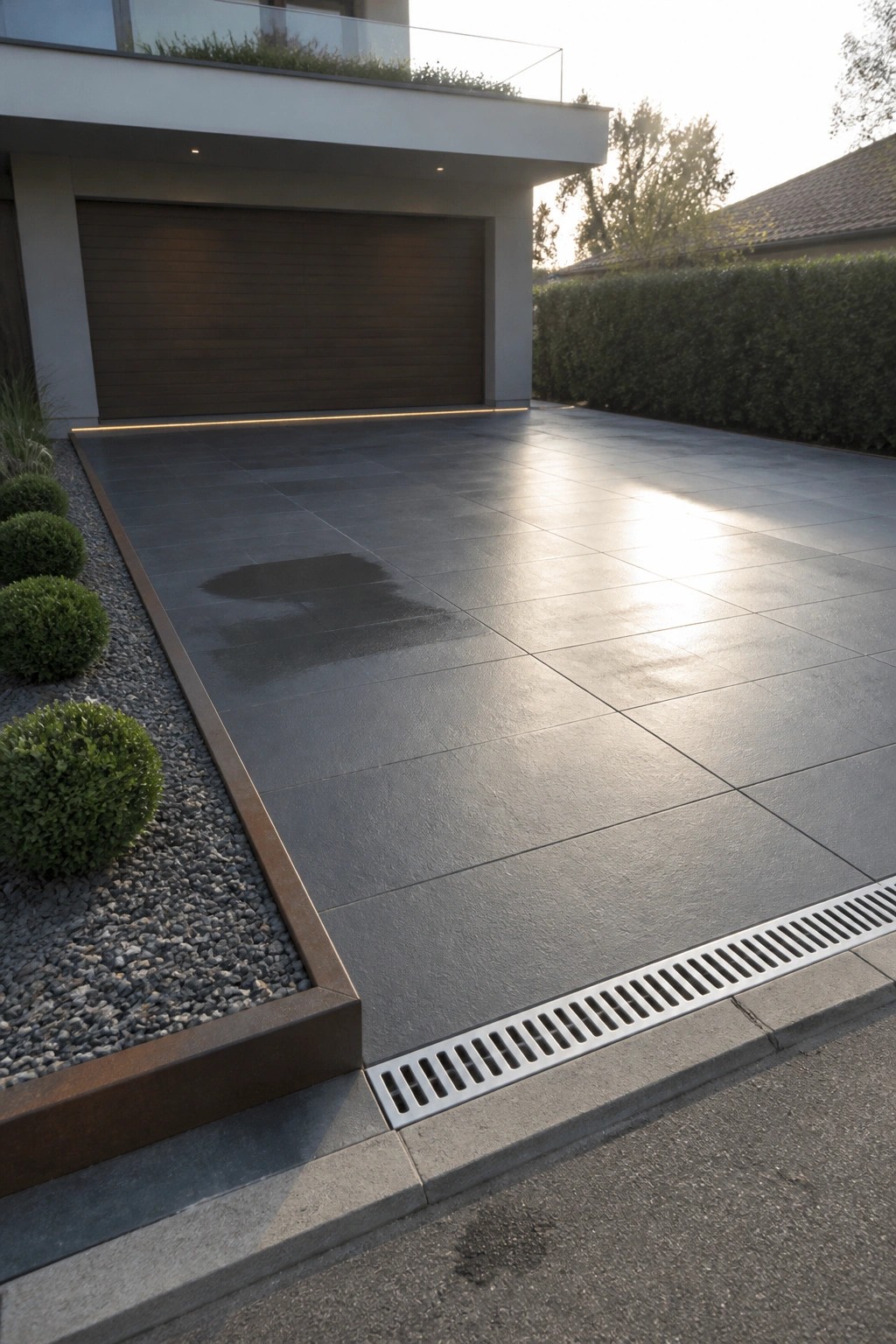 A modern house exterior with a dark garage door and a large gray tiled driveway that includes a linear metal drain grate along the edge.