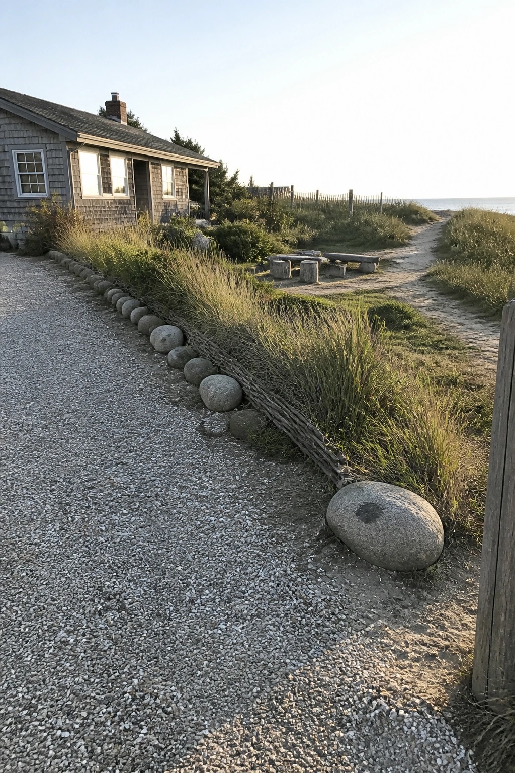 A gravel driveway bordered by large rounded stones and sections of woven branches next to a shingled house near the water.