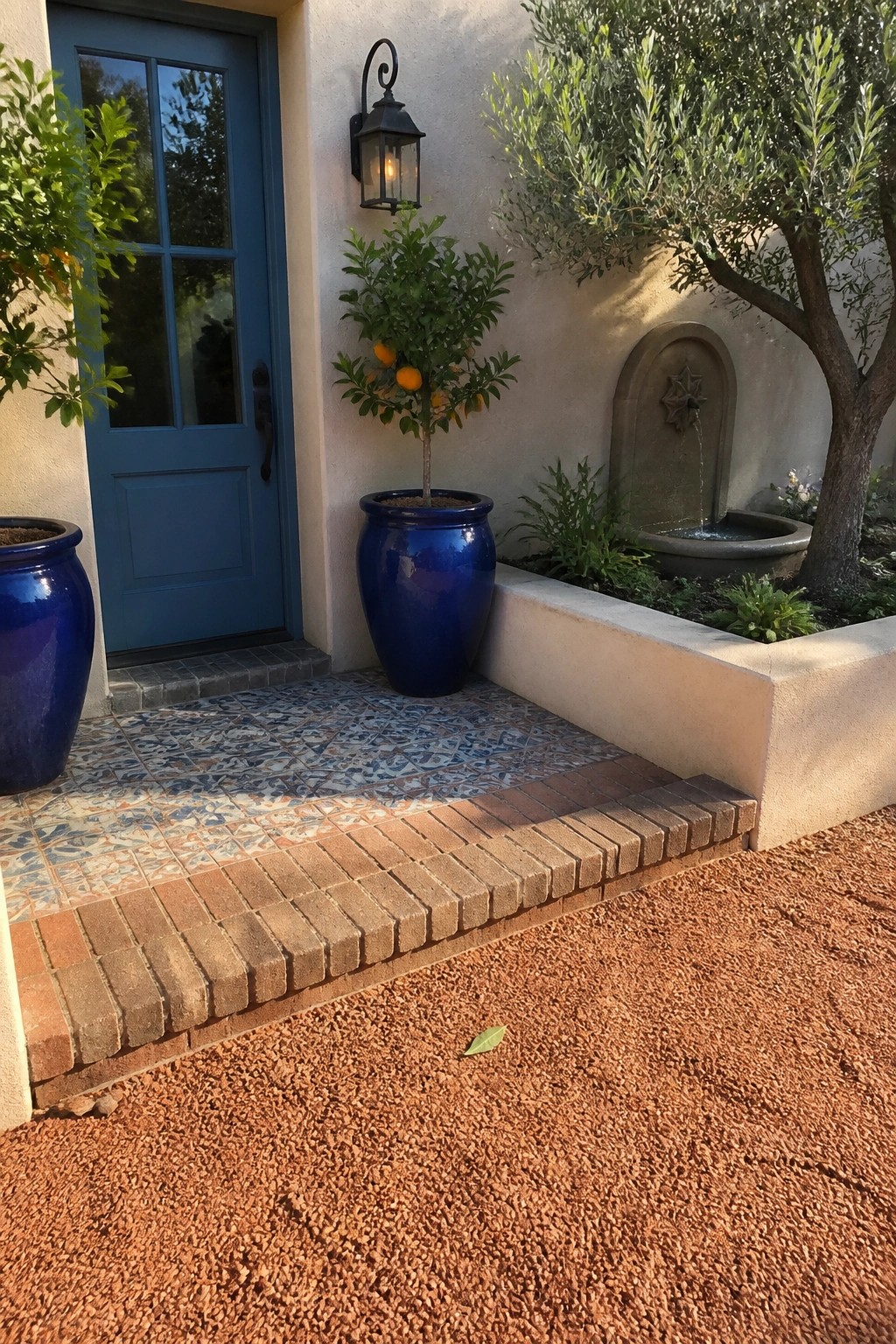 A blue entry door with potted citrus trees, a wall fountain, and a brick border separating patterned tile from surrounding gravel.