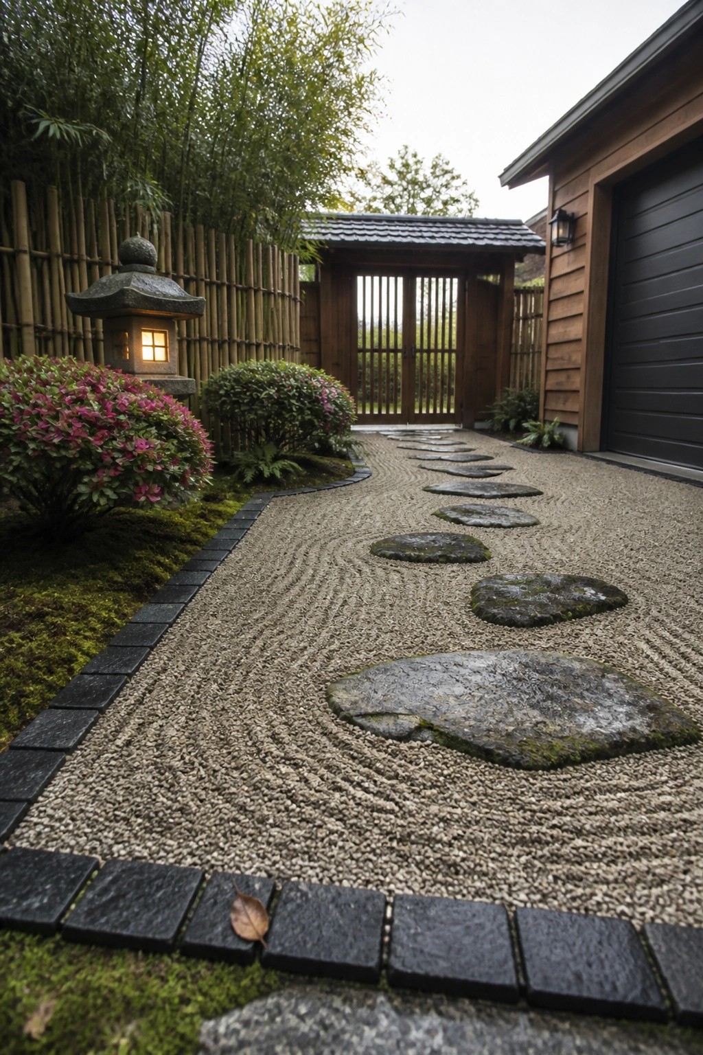 A gravel path with large stepping stones bordered by dark rectangular pavers, next to flowering shrubs and a stone lantern.