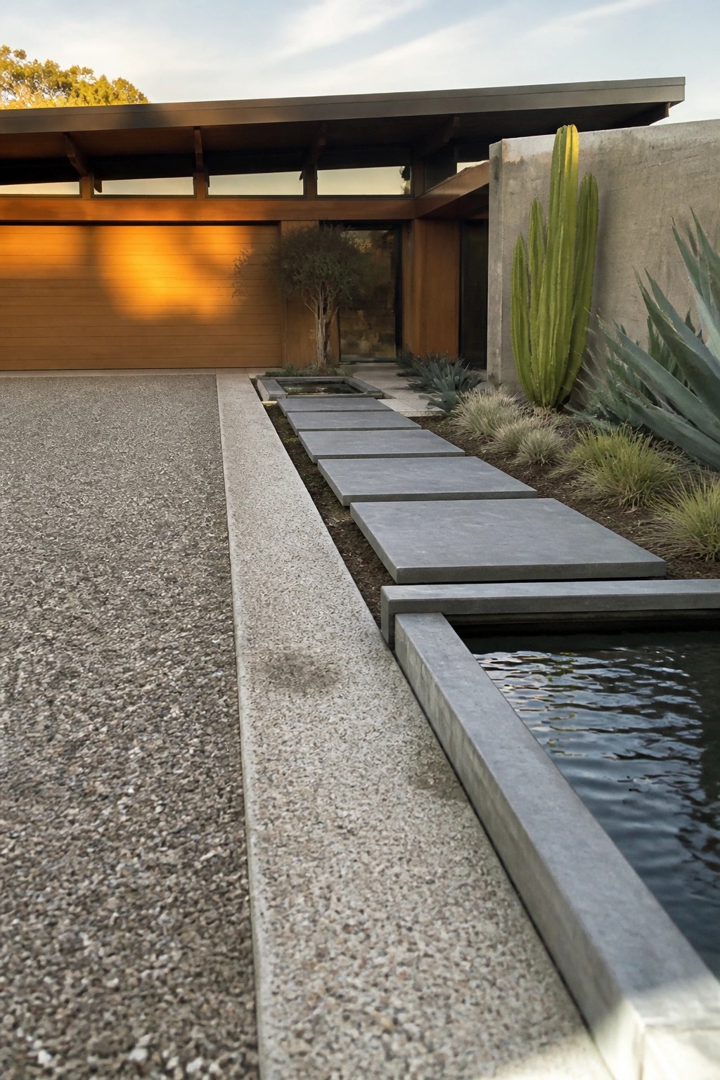 A gravel driveway bordered by a long concrete edge next to a modern house with stepping stones and desert plants.