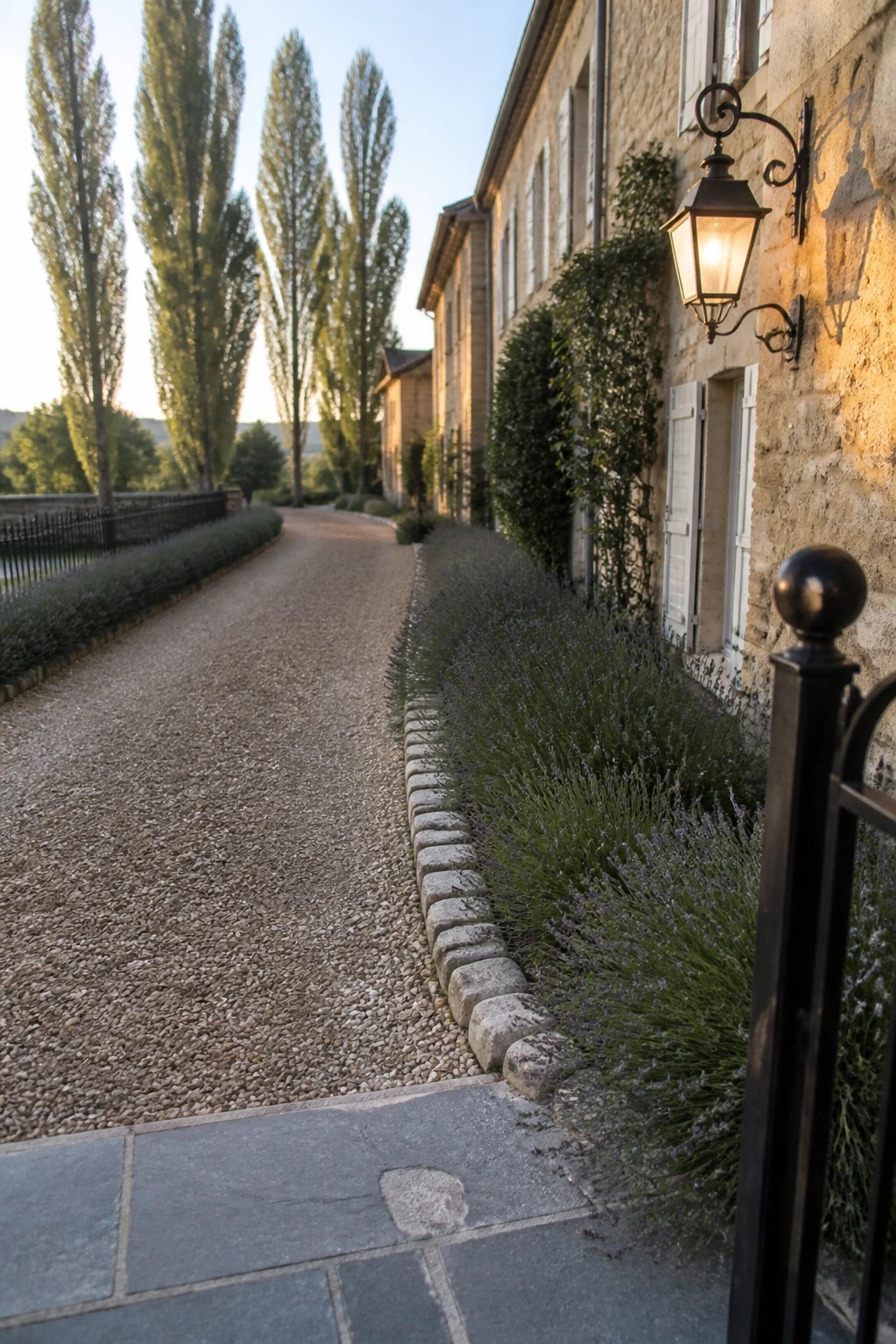 A gravel driveway lined with lavender plants and a low stone curb beside a stone building with wall lanterns.