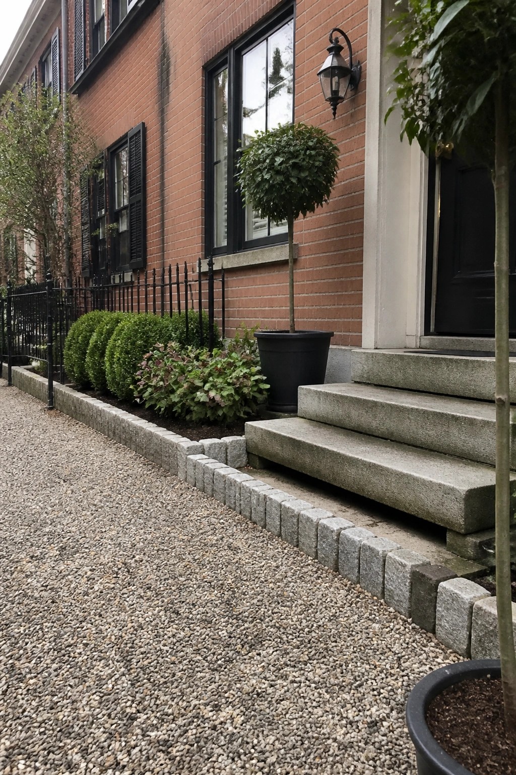 Red brick house entrance with stone steps, black door, potted topiary, and garden bed.