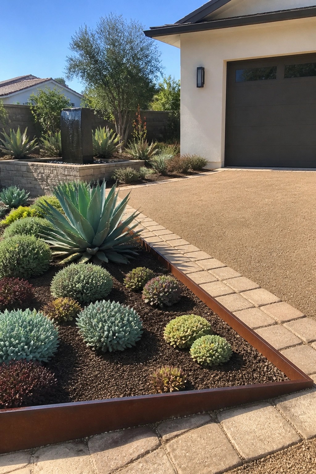 Modern home with gravel driveway, succulent garden, water fountain, and brown garage door