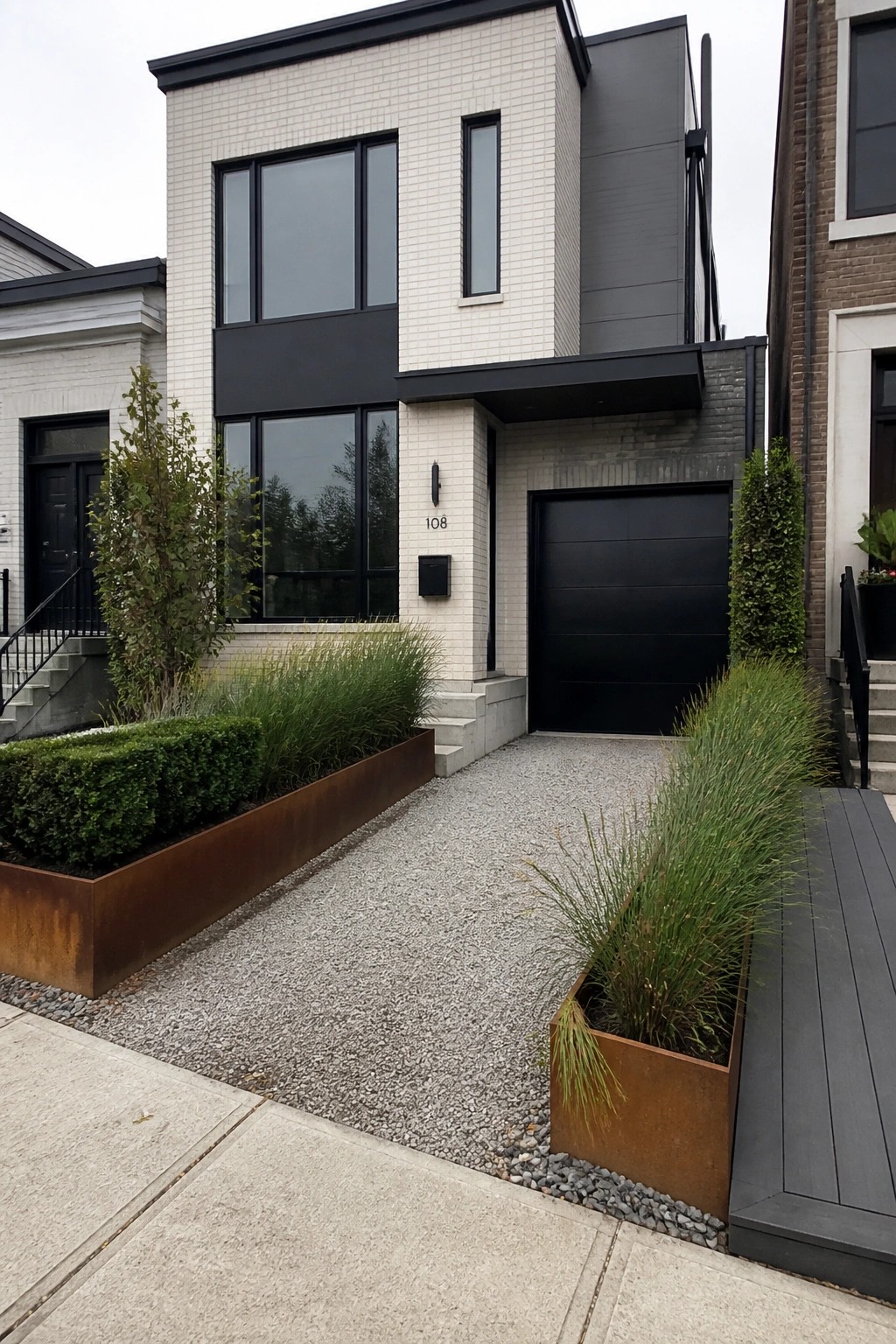 Modern white brick house with black garage, windows, and metal planters with grasses.