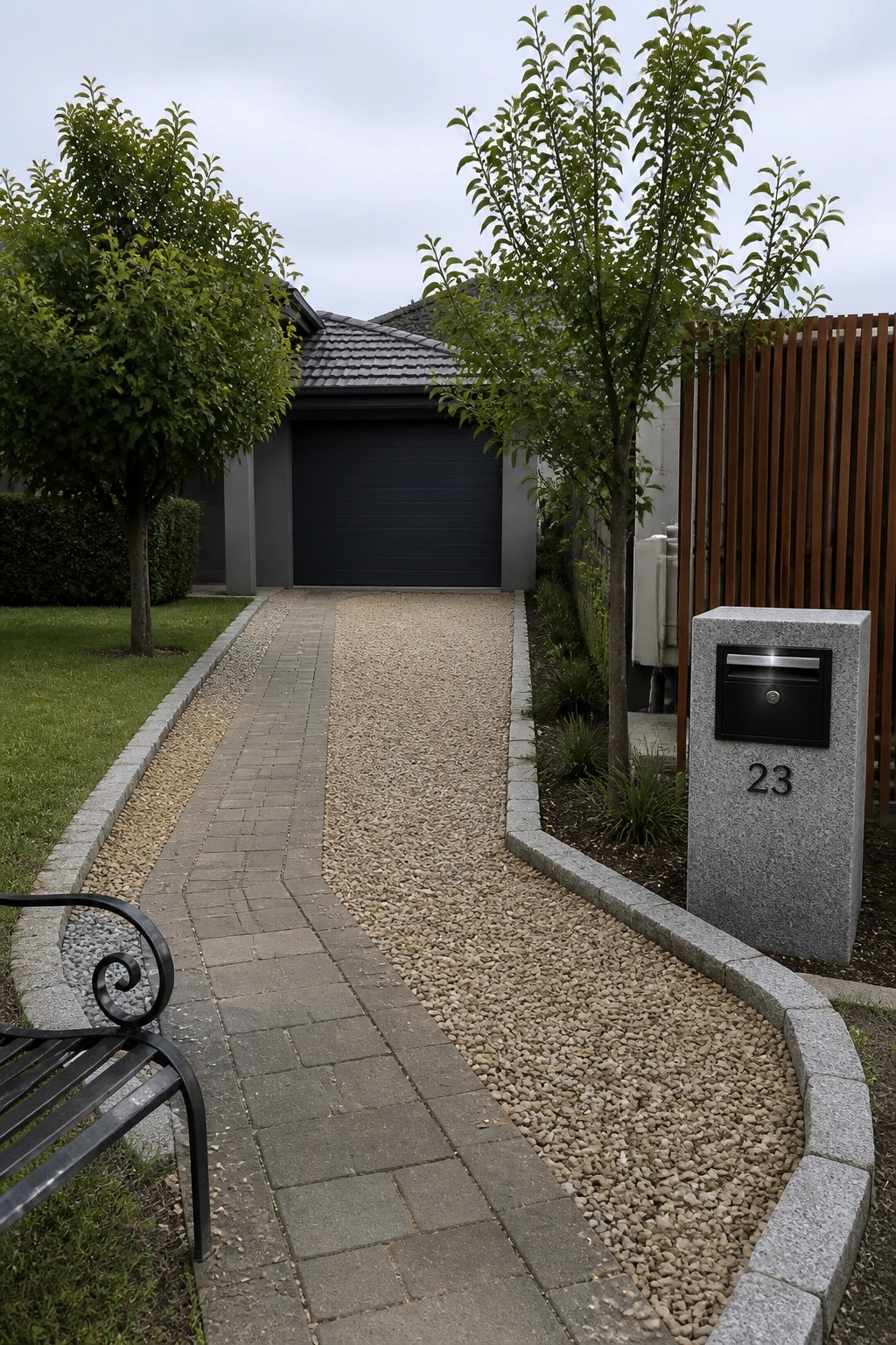 A suburban house driveway with gray concrete block edging separating gravel from a paved path, a stone mailbox post marked 23, and young trees along the side.