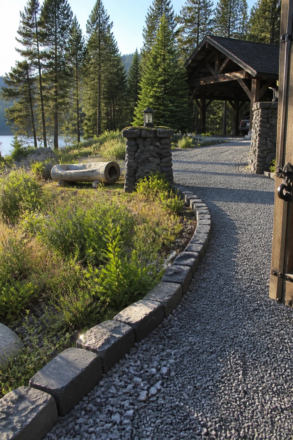 Gravel driveway curves past stone pillar with lantern amid pines by lake