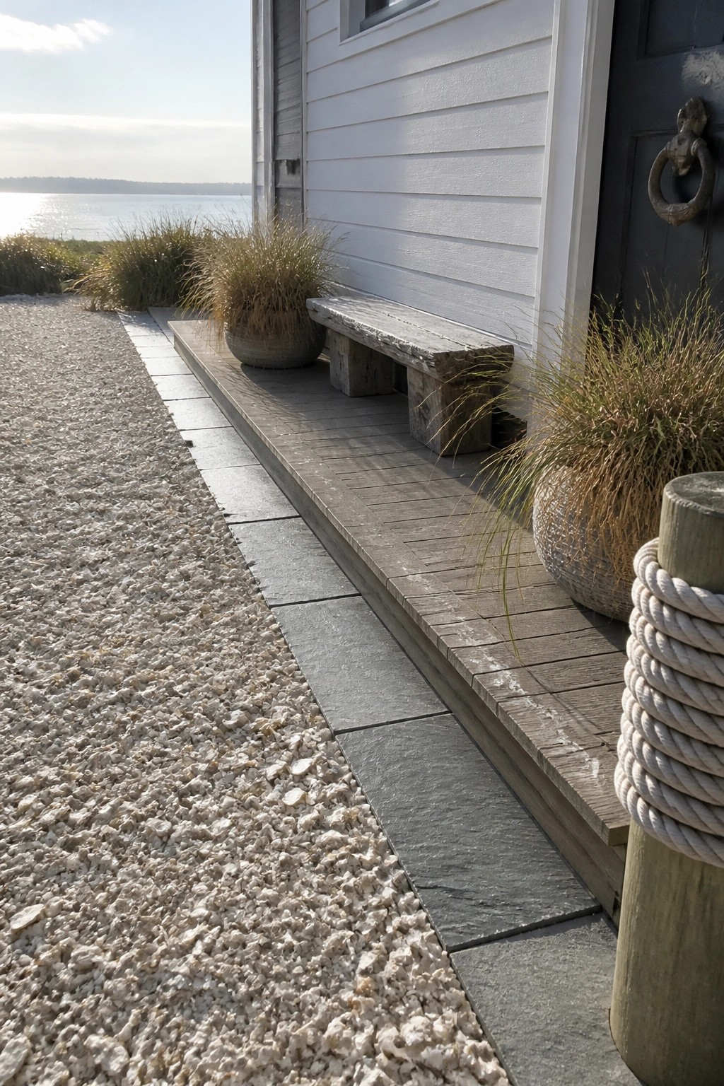 Gravel surface bordered by gray stone pavers next to a raised wooden deck with potted grasses and a white house wall.