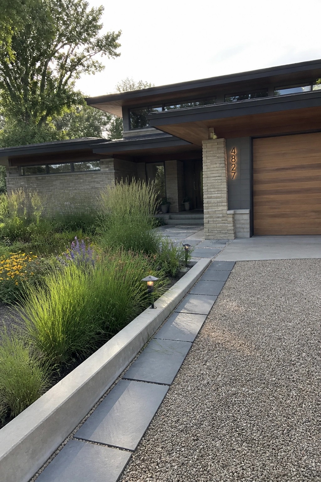 Modern home with wooden garage, stone pillars, gravel drive, and lush garden path.