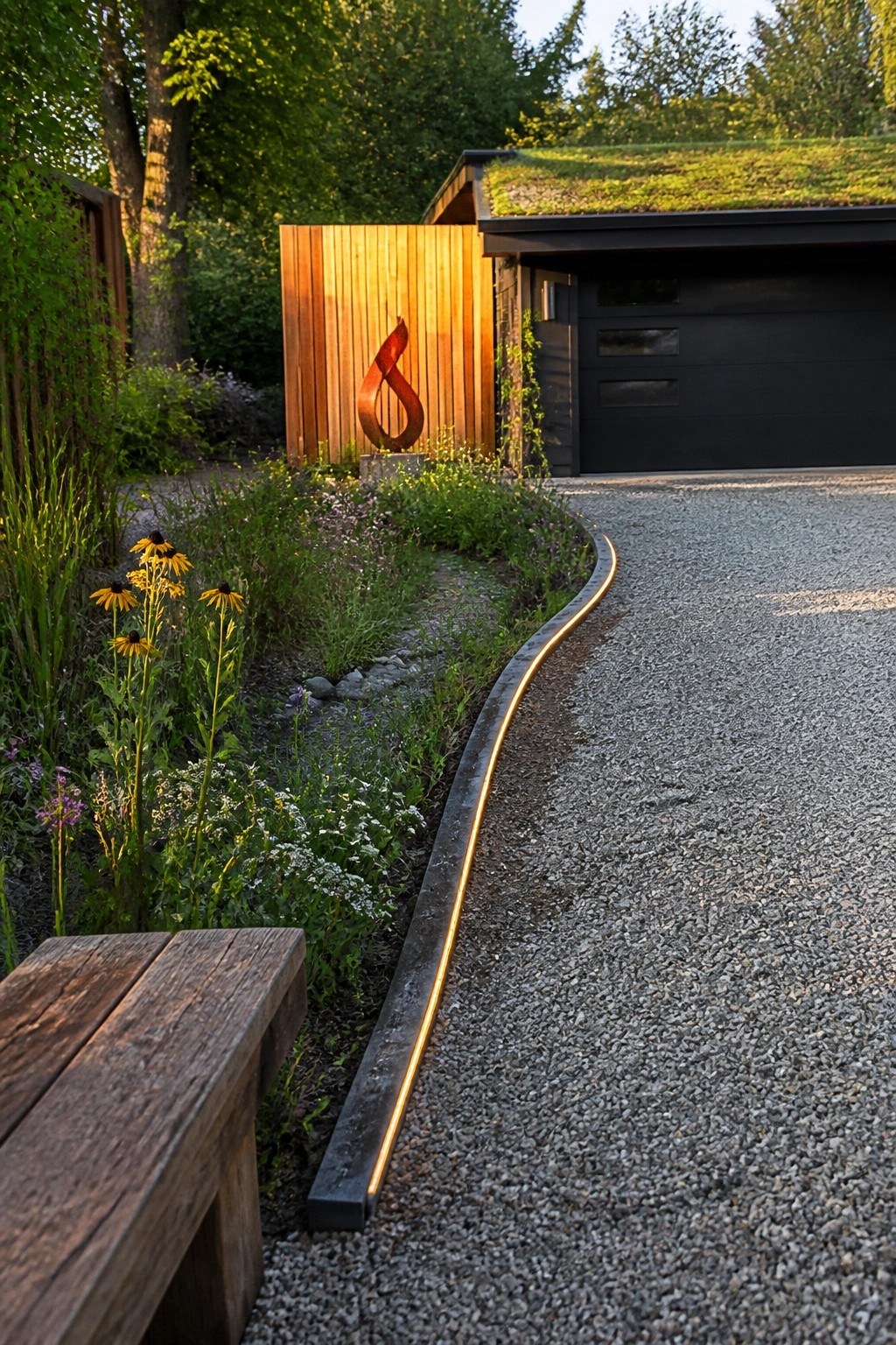 A gravel driveway curves beside a garden bed with a glowing linear light set into a metal border, yellow flowers, and a modern house with a wooden accent wall.