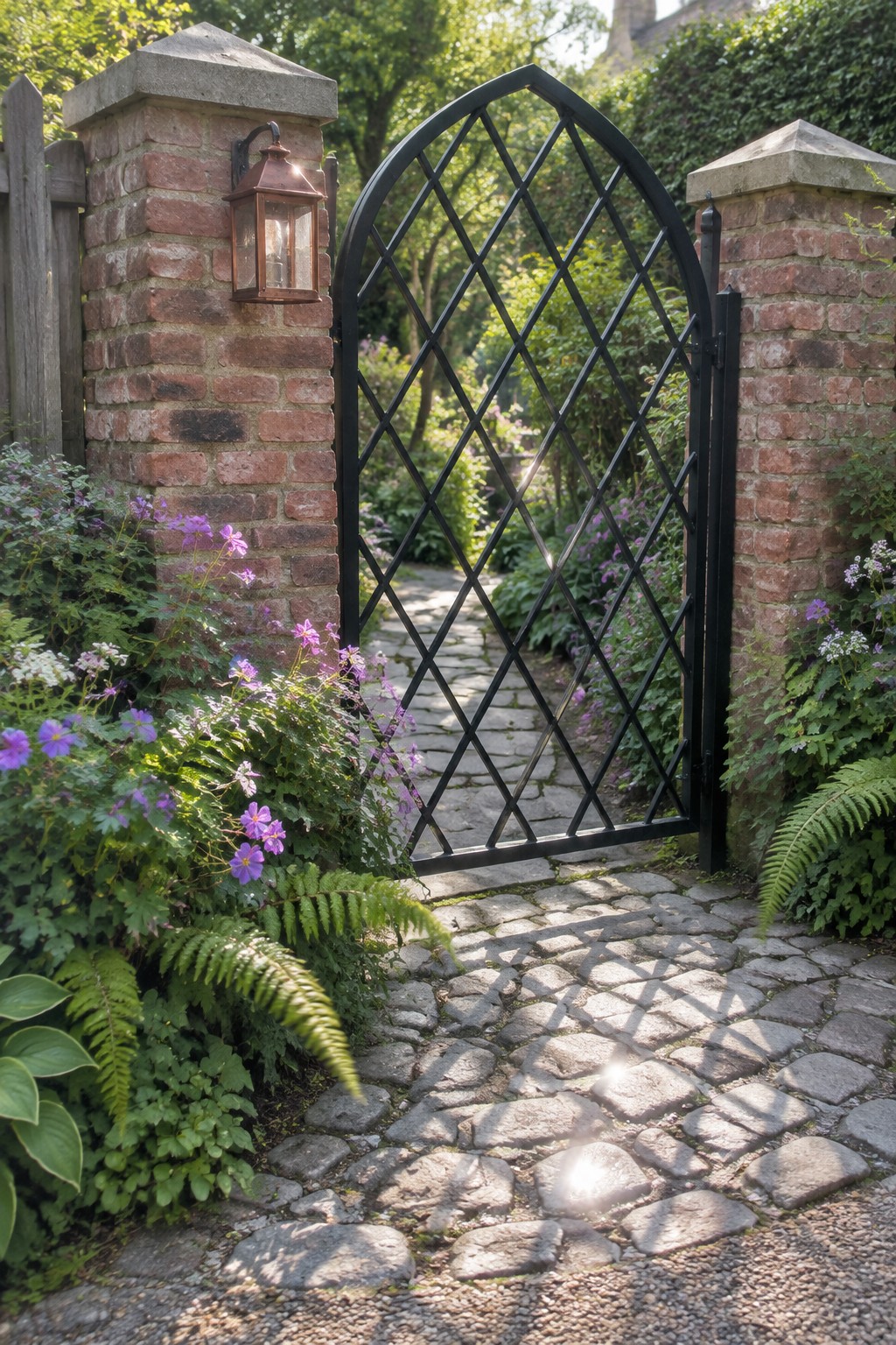 A black metal arched gate with diamond pattern stands open between brick pillars beside a cobblestone path.