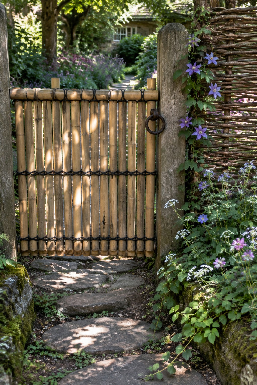 A bamboo gate stands slightly open on a stone pathway next to a woven branch fence with purple clematis flowers growing on it.