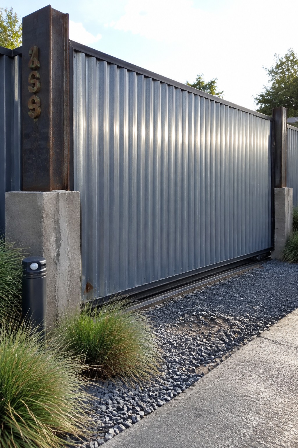 A gray corrugated metal sliding driveway gate mounted between concrete posts, with a rusted metal pillar showing the number 859 on the left side.