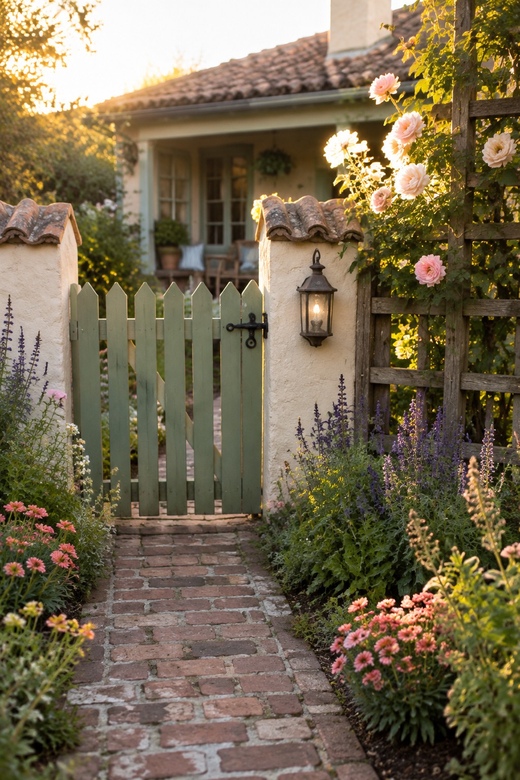 A green wooden picket gate stands open along a brick path, with pink roses climbing a wooden trellis on one side and purple flowers in the beds.