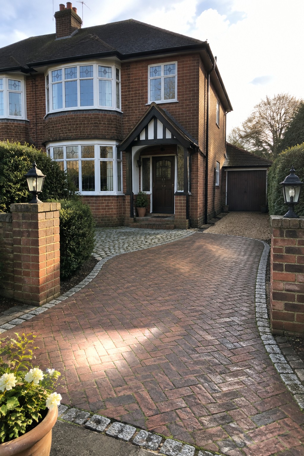 Large brick house with bay windows, timber porch and curved brick driveway.