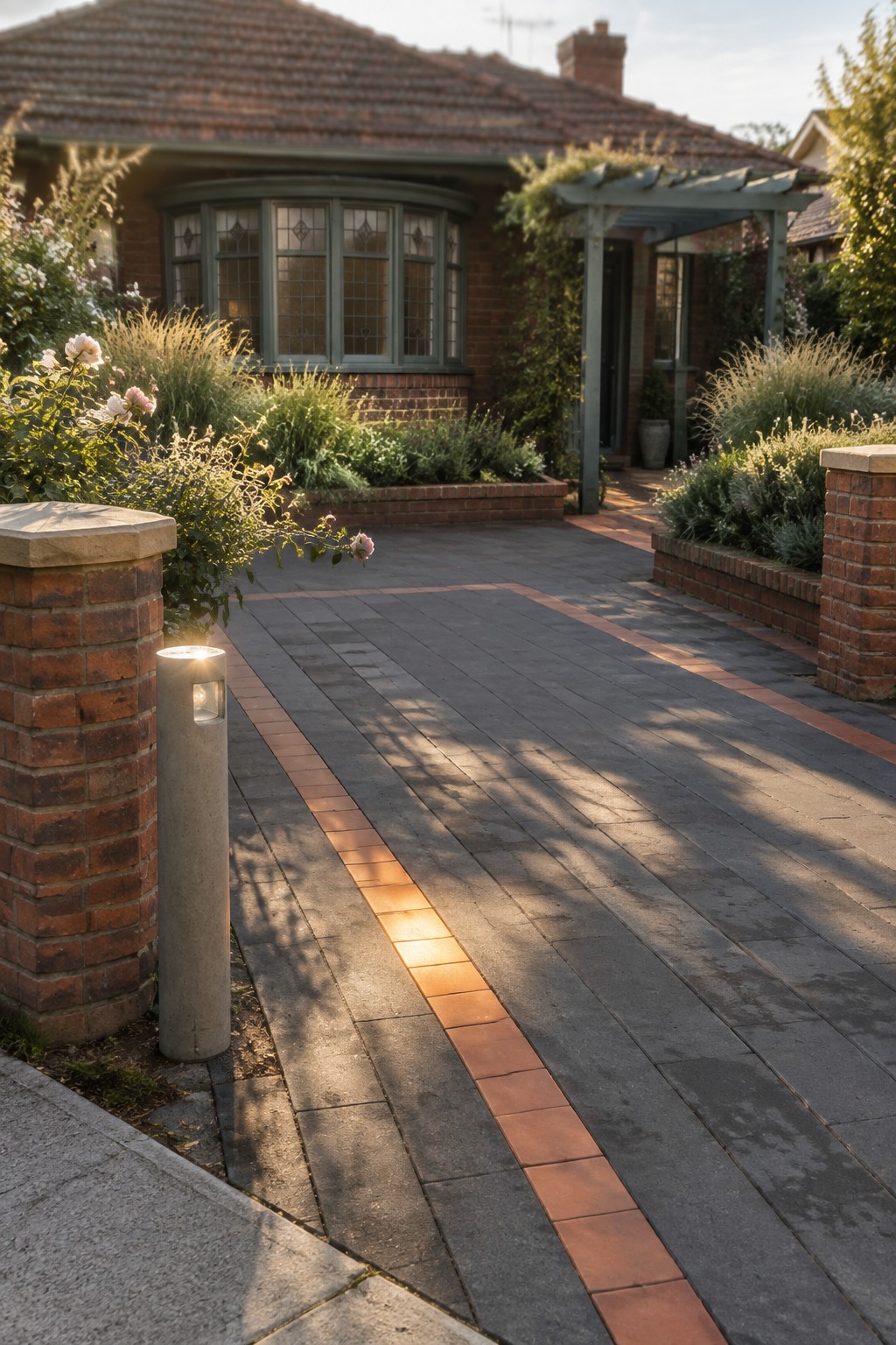 A dark paved driveway with a central terracotta brick strip leads to a 1930s brick house with a bay window and side pergola.