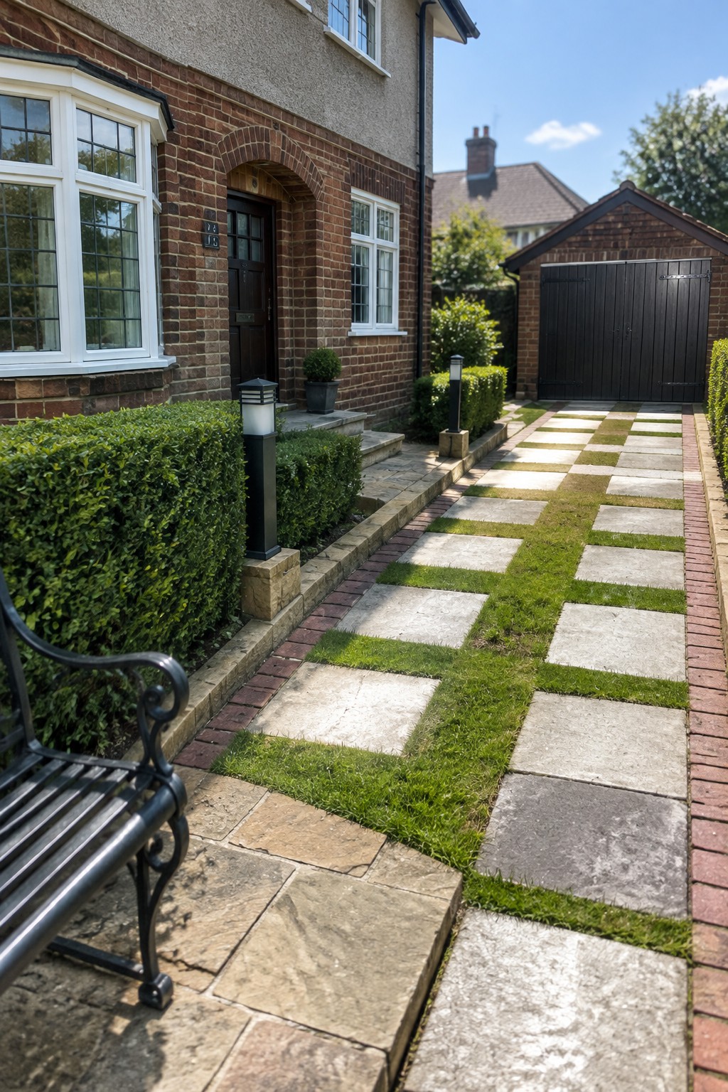 A brick 1930s house with a driveway path of alternating stone slabs and grass strips leading to a black garage door, viewed from the side with a black bench in the foreground.