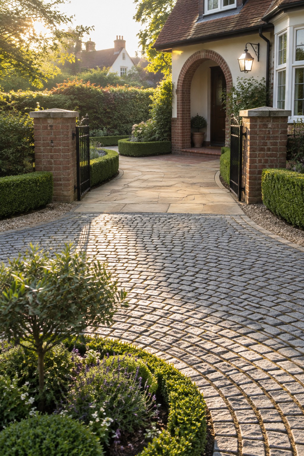 A curved cobblestone driveway leads toward a brick and rendered house with an arched doorway, brick gate posts, and black metal gates, with planting along the edges.