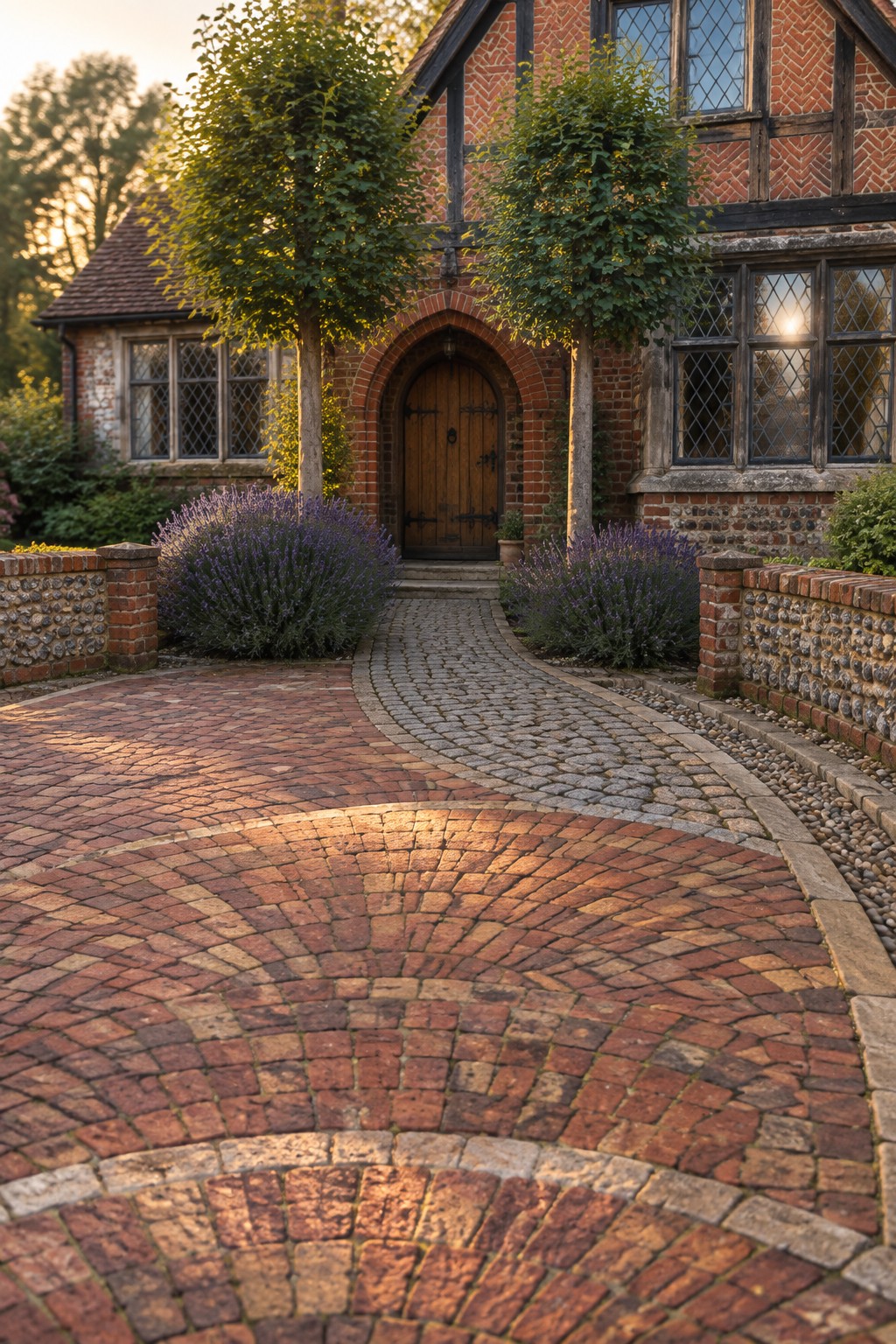 Curving cobblestone driveway to Tudor brick house with lavender bushes at sunset.