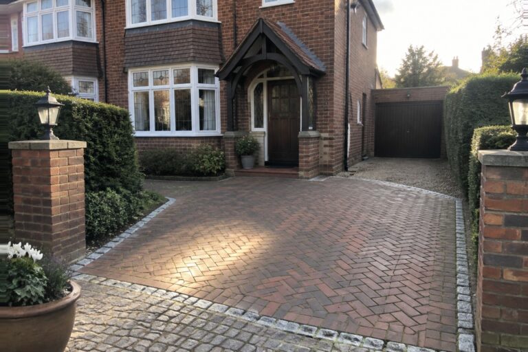 Large brick house with bay windows, timber porch and curved brick driveway.