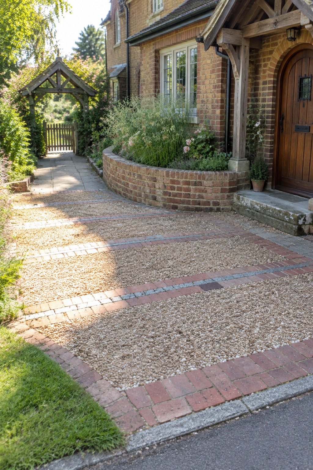A gravel driveway with red brick borders and stripes leading to the entrance of a brick 1930s house with a wooden door.