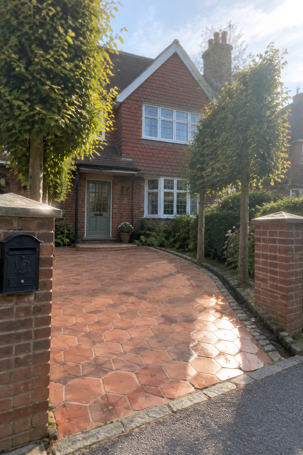 A curved driveway paved with red hexagonal clay tiles leads to a brick 1930s house with a green door, flanked by brick gate posts and shaped trees.