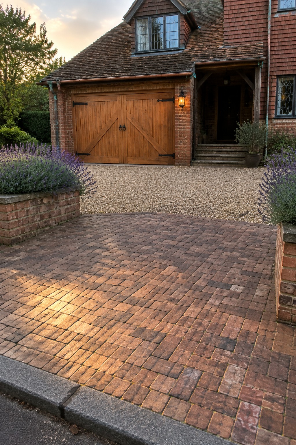 Brick driveway leads to wooden garage doors on brick house with lavender plants