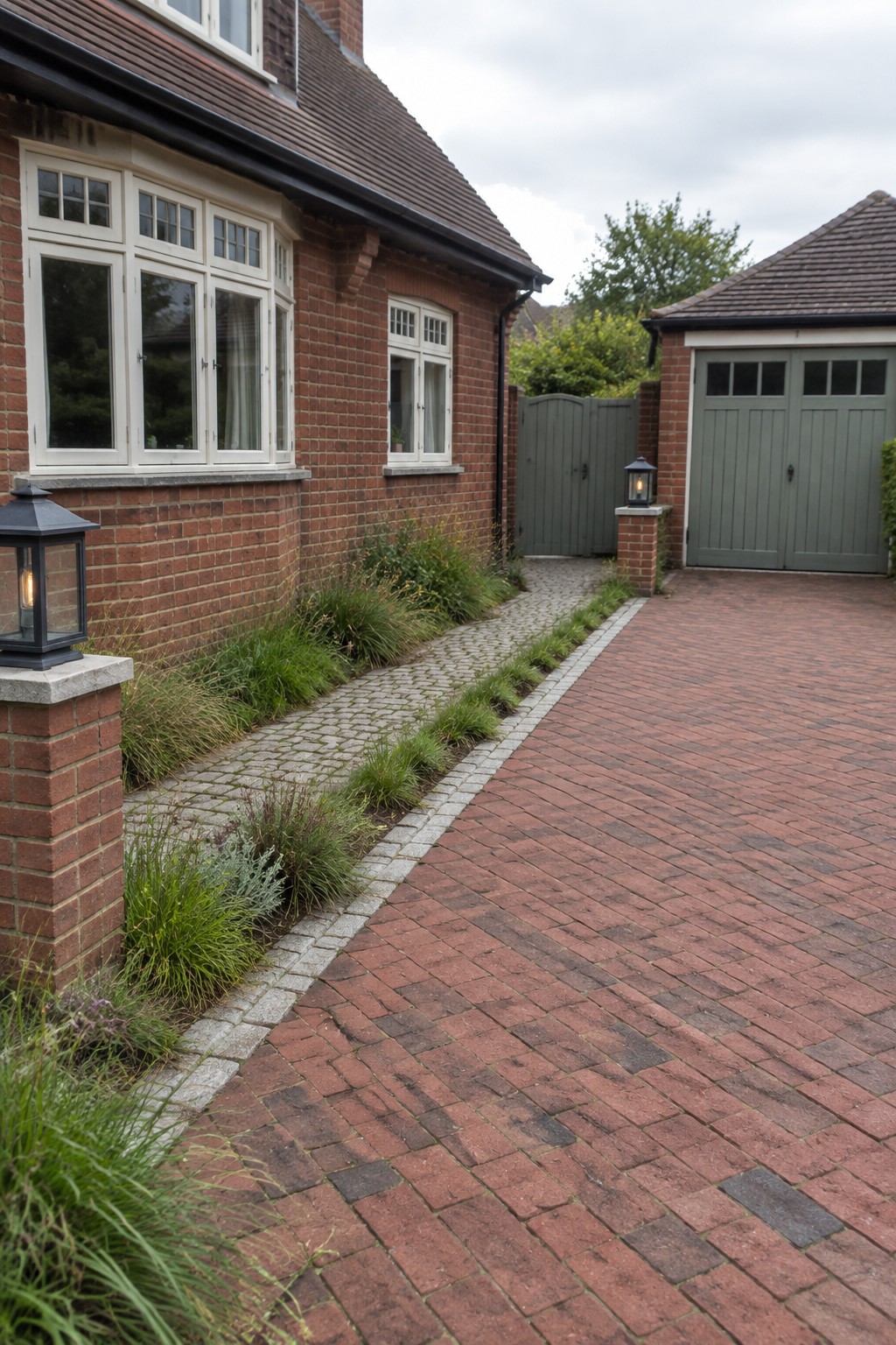 A red brick driveway runs alongside a brick house with a narrow paved path bordered by low planting, leading toward a green gate and a matching brick garage.