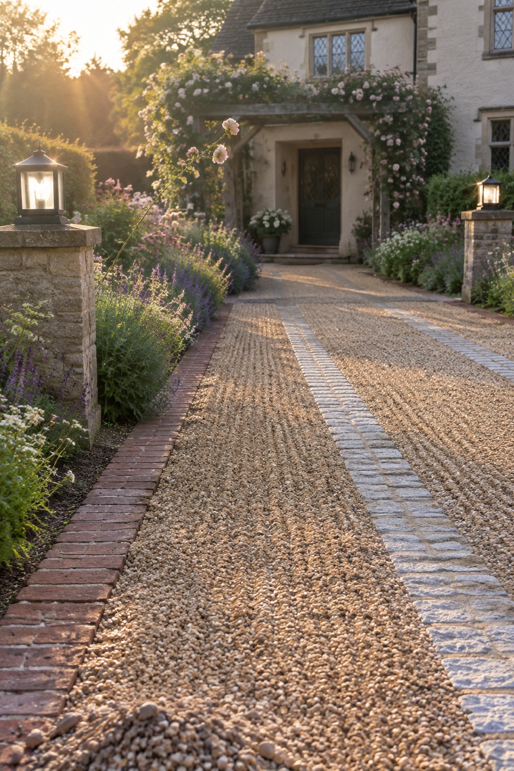 A long gravel driveway with a central strip of stone setts and brick edging leads toward a house entrance with climbing roses and stone lantern pillars.