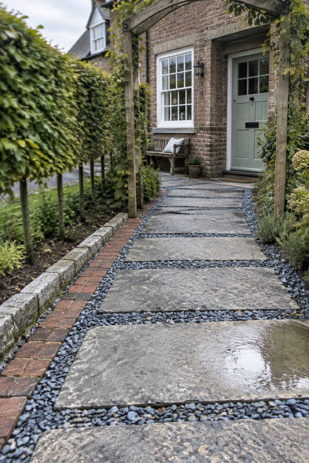 A straight garden path of large rectangular gray stone pavers bordered by blue-gray gravel and red brick edging, leading toward a brick house entrance with a light green door.