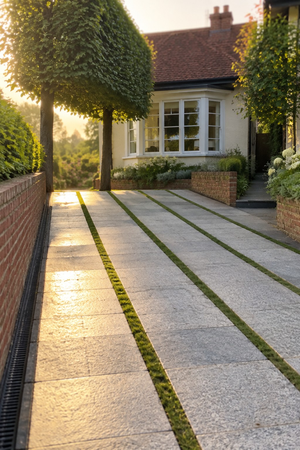 A long driveway of large rectangular gray paving slabs divided by narrow strips of grass, bordered by low brick walls and leading toward a cream house with white bay windows.