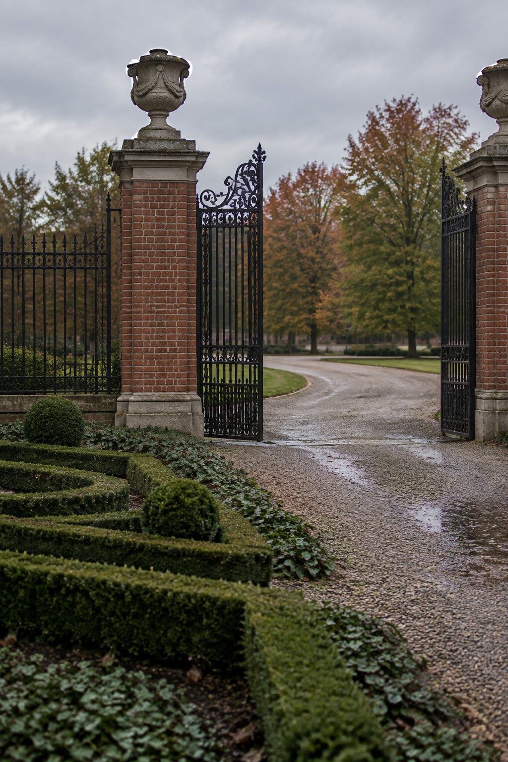 Open black gates between brick pillars overlook wet gravel drive amid autumn trees and hedges.