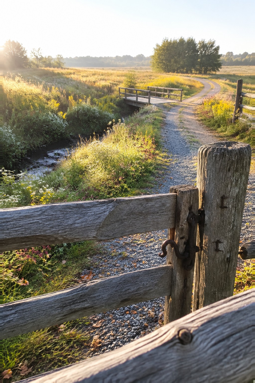Rustic wooden gate overlooking gravel path to bridge across sunlit meadow stream
