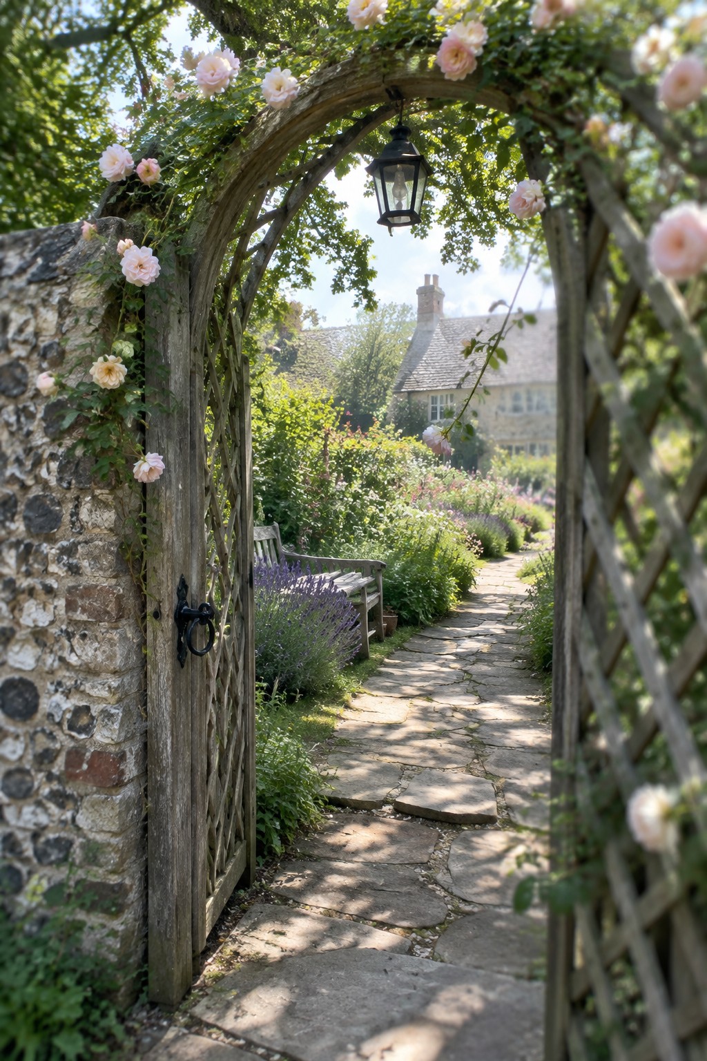 A wooden gate set in a stone wall under an arch covered with pink roses, with a stone path leading through a garden toward a house.