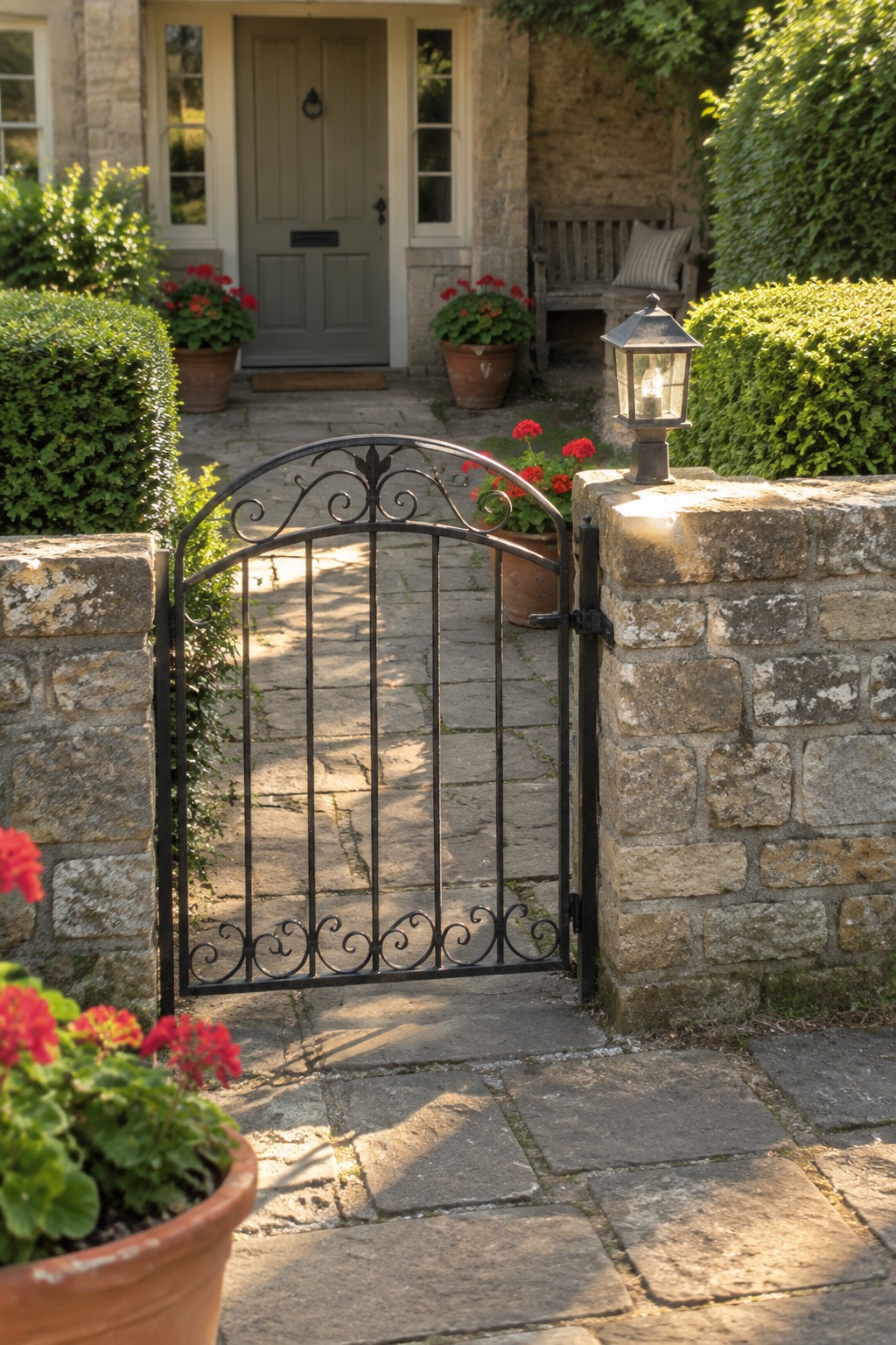 A black wrought iron gate with scrollwork stands open between low stone pillars on a paved path leading to a stone house with potted red flowers nearby.