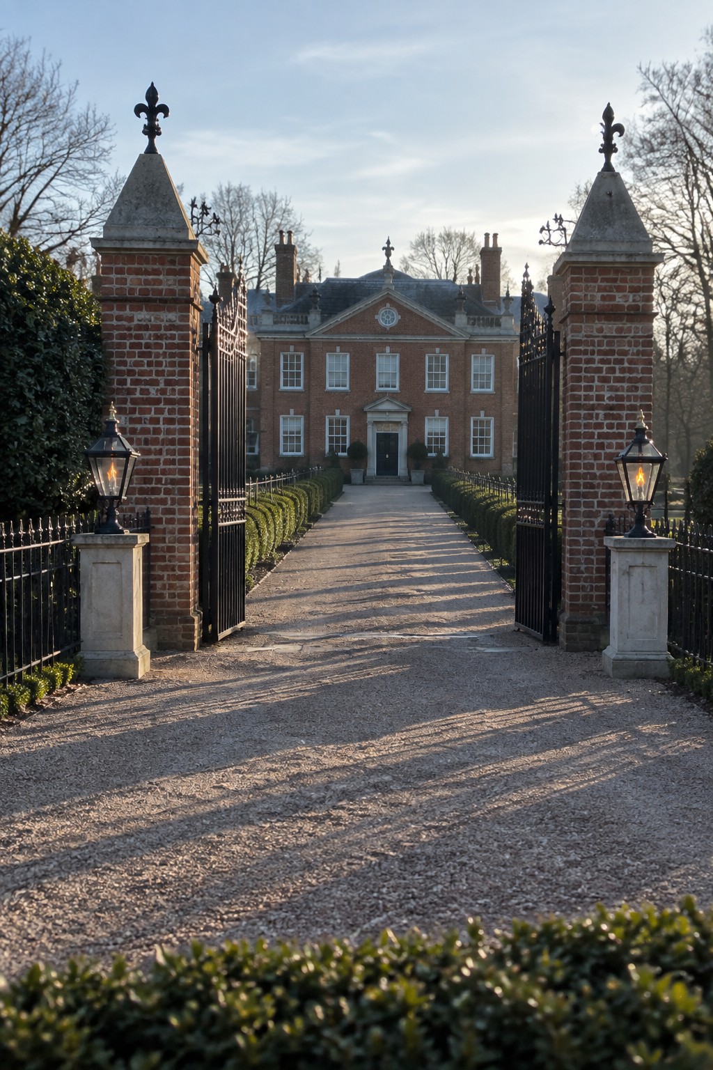 Open black metal driveway gates with brick pillars and lanterns frame a gravel path leading to a large red brick house.