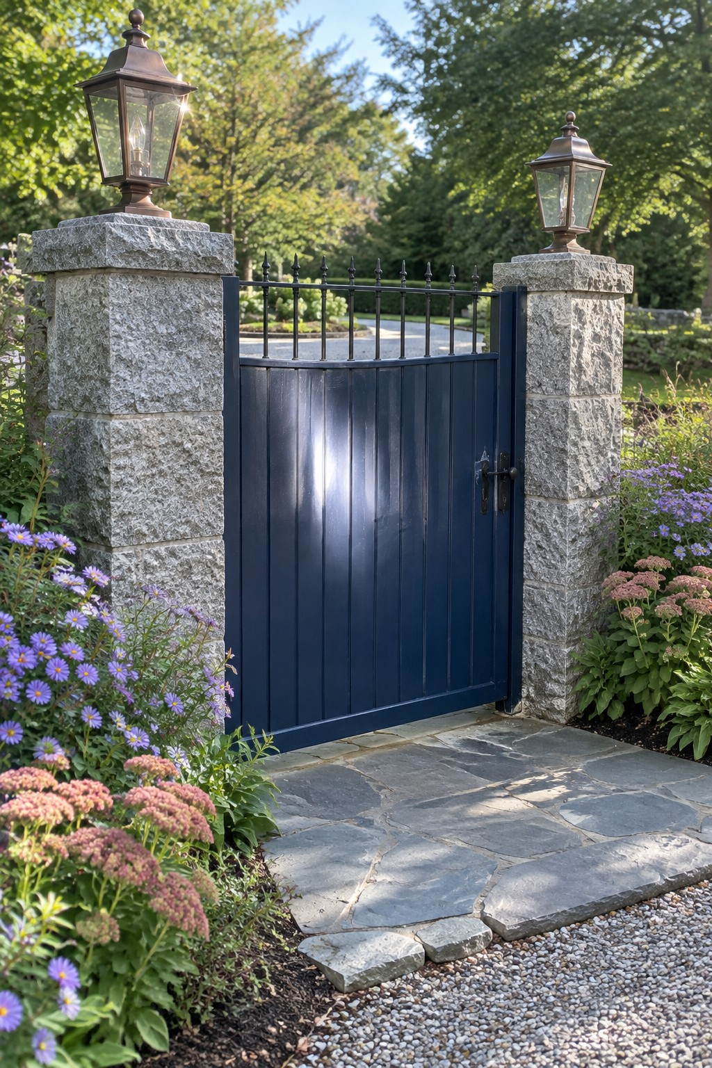 A dark blue wooden driveway gate between two gray stone pillars topped with lanterns, with a stone path leading through and flowers planted on both sides.