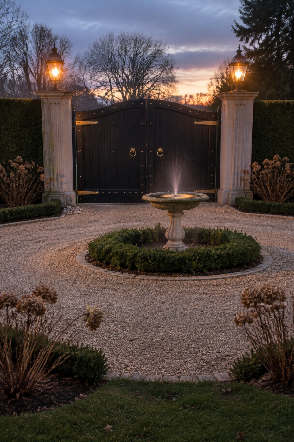 Black gate with glowing lanterns and stone fountain on gravel at sunset