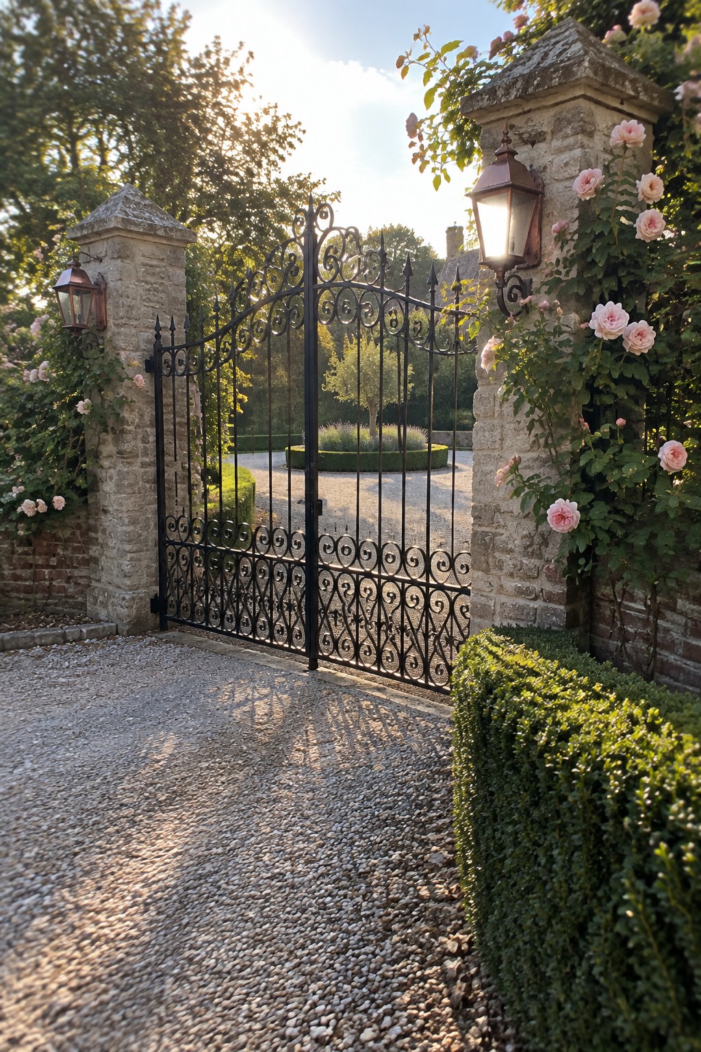 A black wrought iron driveway gate with scrollwork stands open between two stone pillars topped with lanterns and covered in pink climbing roses, with a gravel drive beyond.