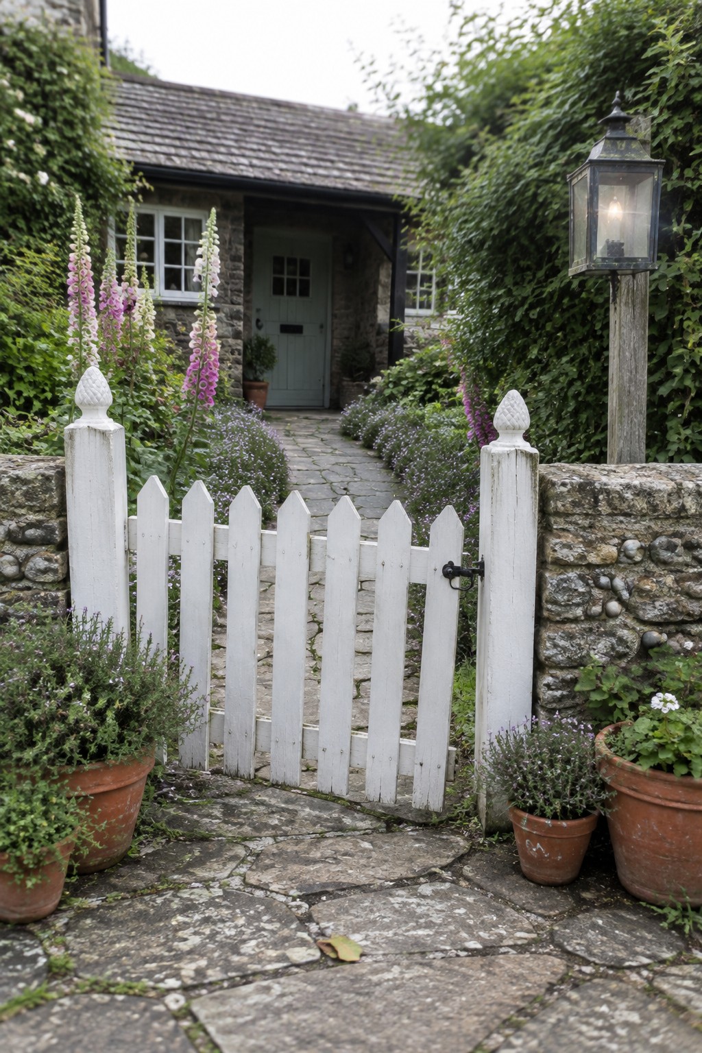 A white wooden picket gate stands open in a low stone wall, with potted plants on either side and a stone path leading to a cottage door.